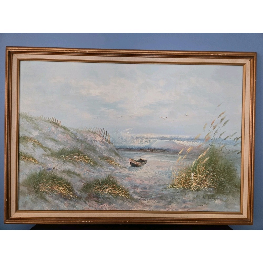 Original Framed Oil Painting Rowboat by Ocean Signed Artist C Fisher 40" x 28"